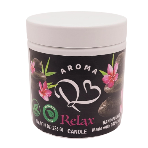 Aroma Relax candle jar with floral design on a white background