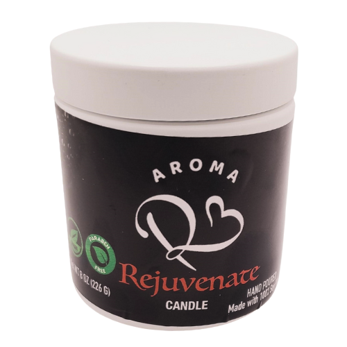 Aroma D Rejuvenate candle jar with a white lid on a white background