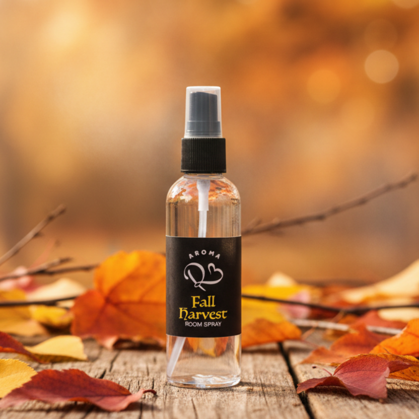 Clear spray bottle labeled 'Aroma Queen Fall Harvest Room Spray' on a white background